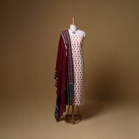 Floral Sanganeri Block Print Cotton Unstitched Dress Material: Kurta, Bottom & Dupatta with Jewellery 02