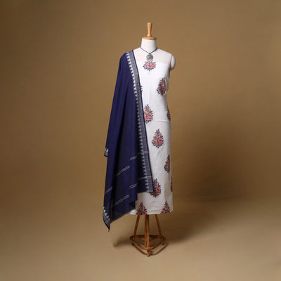 Floral Sanganeri Block Print Cotton Unstitched Dress Material: Kurta, Bottom & Dupatta with Jewellery 03