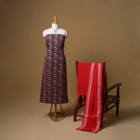 Floral Sanganeri Block Print Cotton Unstitched Dress Material: Kurta, Bottom & Dupatta with Jewellery 04