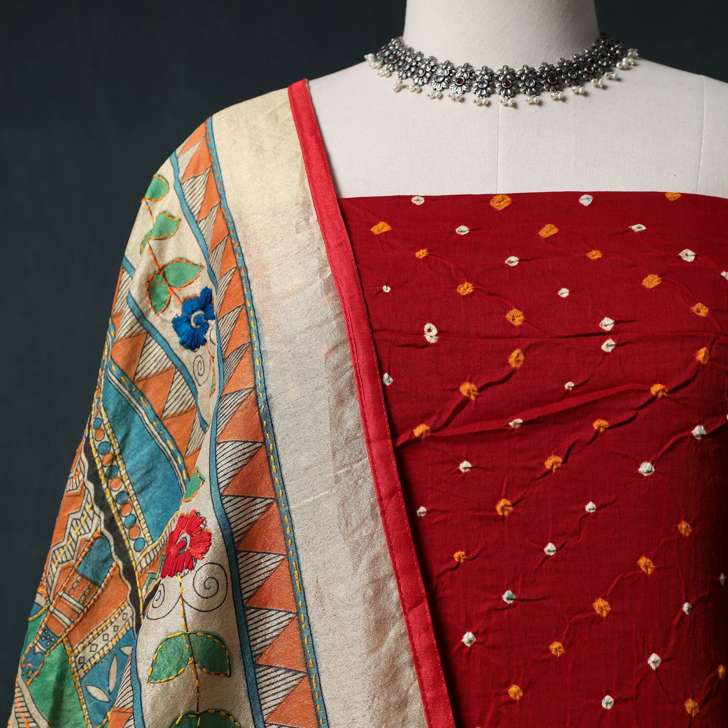 Bandhani Cotton 2pc Unstitched Dress Material Kurta Set with Earrings 08