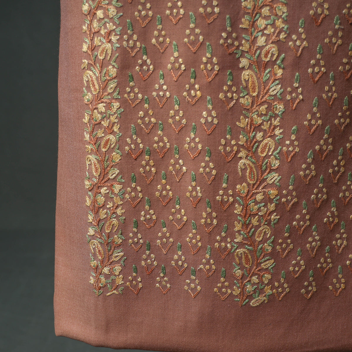 Kashmiri Aari Hand Embroidered Pure Merino Wool Unstitched Dress Material: Kurta, Bottom with Dupatta 22