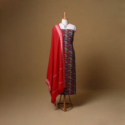 Floral Sanganeri Block Print Cotton Unstitched Dress Material: Kurta, Bottom & Dupatta with Jewellery 04