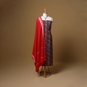 Floral Sanganeri Block Print Cotton Unstitched Dress Material: Kurta, Bottom & Dupatta with Jewellery 04