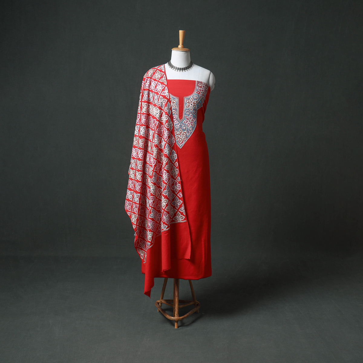 Kashmiri Aari Hand Embroidered Pure Merino Wool Unstitched Dress Material: Kurta, Bottom with Dupatta 23