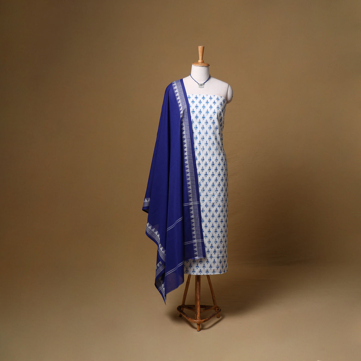 Blue - Floral Sanganeri Block Print Cotton Unstitched Dress Material: Kurta, Bottom & Dupatta with Jewellery 05
