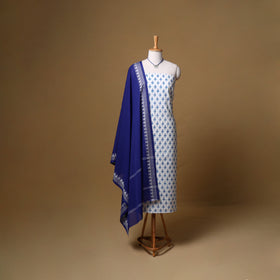 Blue - Floral Sanganeri Block Print Cotton Unstitched Dress Material: Kurta, Bottom & Dupatta with Jewellery 05