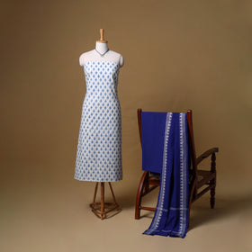 Blue - Floral Sanganeri Block Print Cotton Unstitched Dress Material: Kurta, Bottom & Dupatta with Jewellery 05