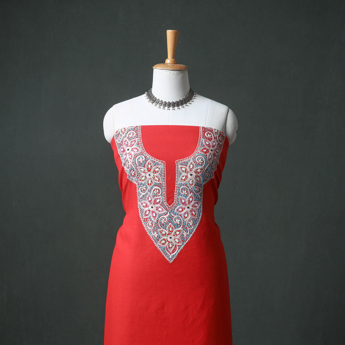 Kashmiri Aari Hand Embroidered Pure Merino Wool Unstitched Dress Material: Kurta, Bottom with Dupatta 23