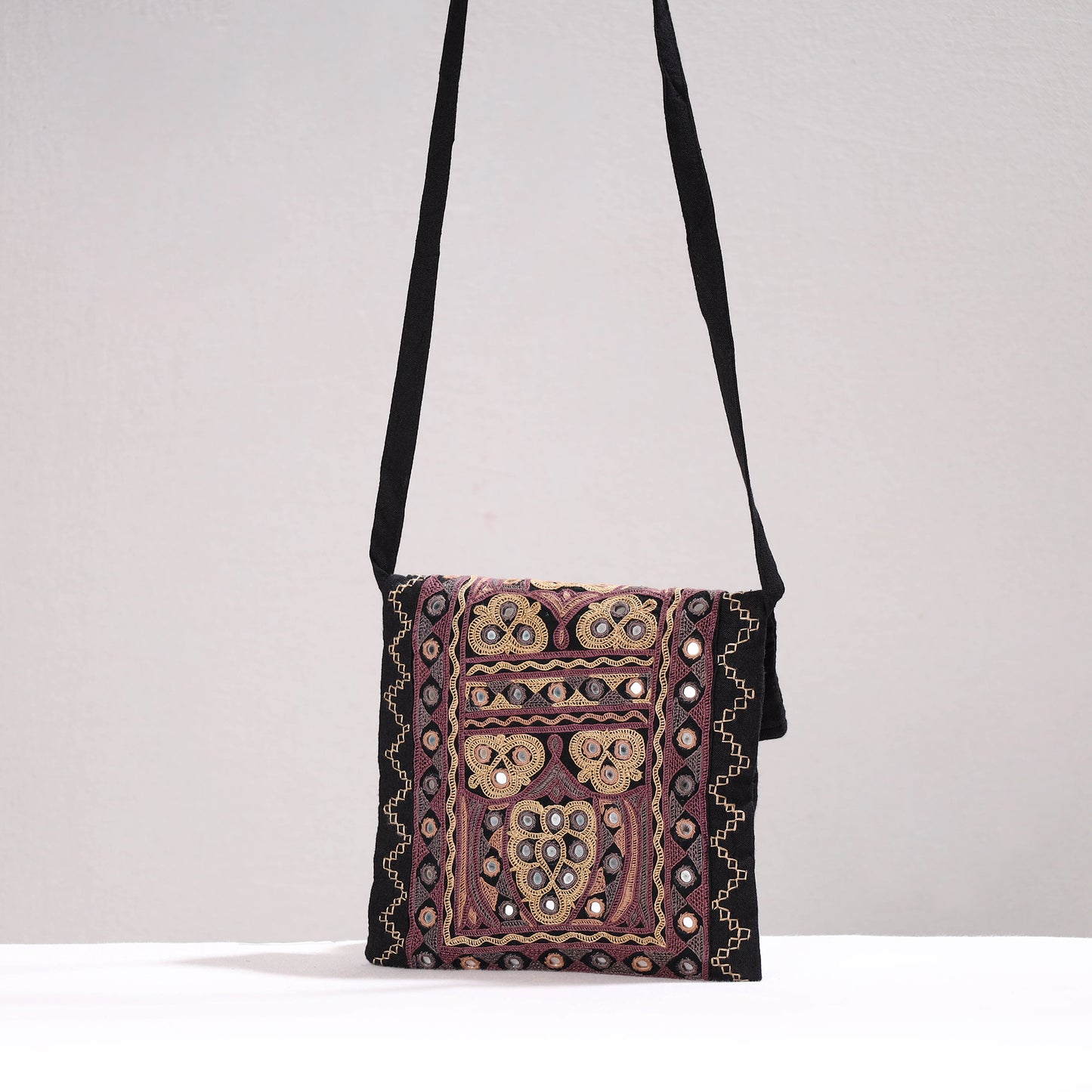 Black - Kutch Ahir Hand Embroidery Cotton Sling Bag