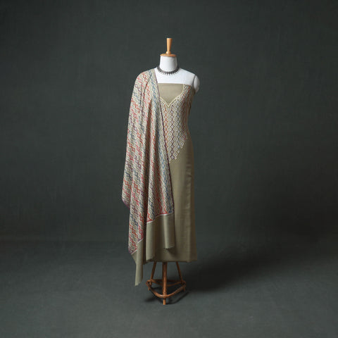 Kashmiri Aari Hand Embroidered Pure Merino Wool Unstitched Dress Material: Kurta, Bottom with Dupatta 24
