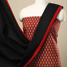 3pc Cotton Red Kalamkari Print Kurta with Plain Dupatta
