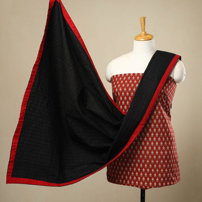 3pc Cotton Red Kalamkari Print Kurta with Plain Dupatta