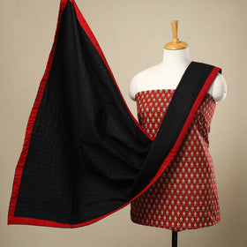 3pc Cotton Red Kalamkari Print Kurta with Plain Dupatta
