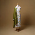 Floral Sanganeri Block Print Cotton Unstitched Dress Material: Kurta, Bottom & Dupatta with Jewellery 06