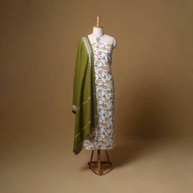 Floral Sanganeri Block Print Cotton Unstitched Dress Material: Kurta, Bottom & Dupatta with Jewellery 06