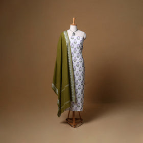 Floral Sanganeri Block Print Cotton Unstitched Dress Material: Kurta, Bottom & Dupatta with Jewellery 07