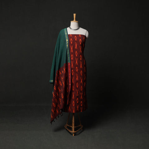 Maroon - Pochampally Ikat Weave 3pc Cotton Unstitched Dress Material Suit Set 03