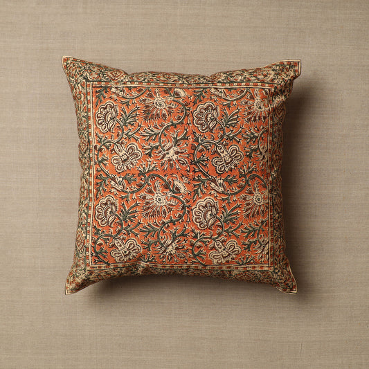 Orange - Original Pedana Kalamkari Block Printed Cotton Cushion Cover (16 x 16 in) 37