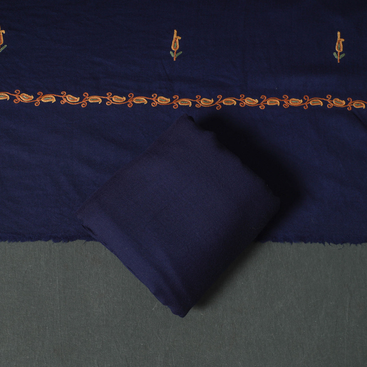 Kashmiri Aari Hand Embroidered Pure Merino Wool Unstitched Dress Material: Kurta, Bottom with Dupatta 26