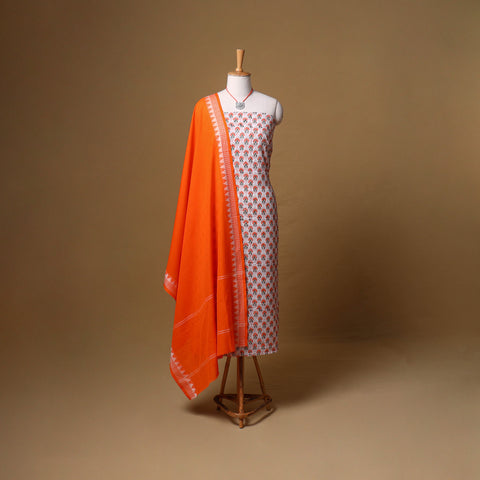 Floral Sanganeri Block Print Cotton Unstitched Dress Material: Kurta, Bottom & Dupatta with Jewellery 08