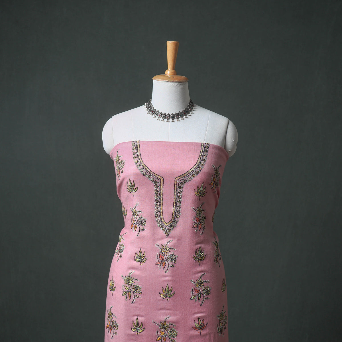 Kashmiri Sozni Hand Embroidered Pure Merino Wool Unstitched Dress Material: Kurta, Bottom with Dupatta 27