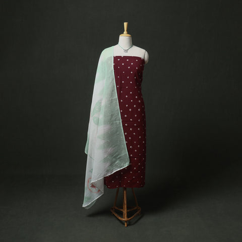 Bandhani Cotton Unstitched Dress Material: Kurta & Dupatta with Jewellery 02
