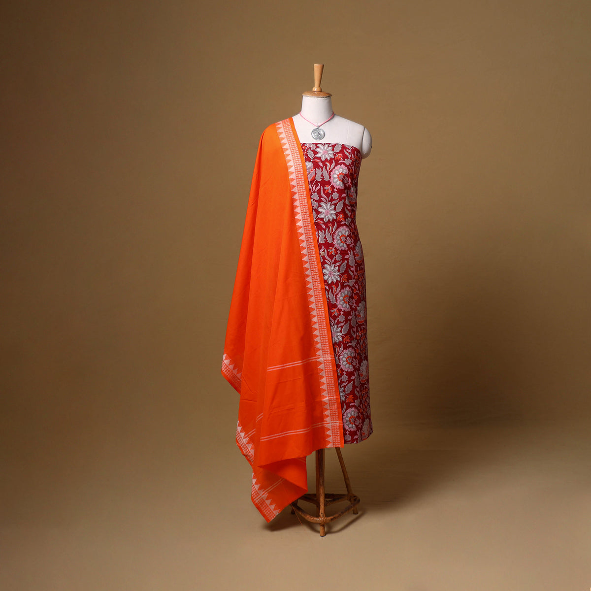 Floral Sanganeri Block Print Cotton Unstitched Dress Material: Kurta, Bottom & Dupatta with Jewellery 09