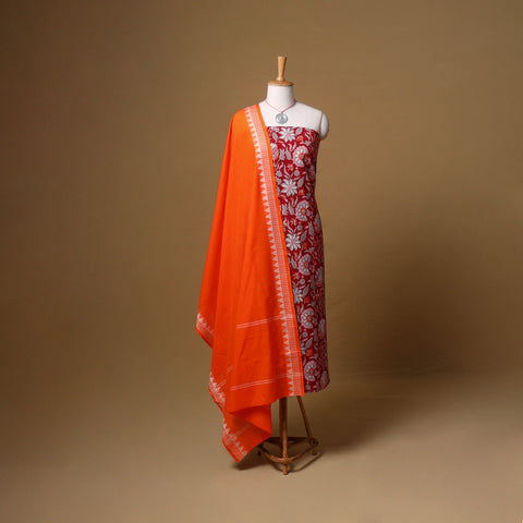 Floral Sanganeri Block Print Cotton Unstitched Dress Material: Kurta, Bottom & Dupatta with Jewellery 09