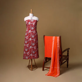 Floral Sanganeri Block Print Cotton Unstitched Dress Material: Kurta, Bottom & Dupatta with Jewellery 09