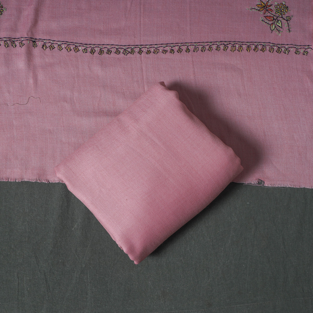 Kashmiri Sozni Hand Embroidered Pure Merino Wool Unstitched Dress Material: Kurta, Bottom with Dupatta 27