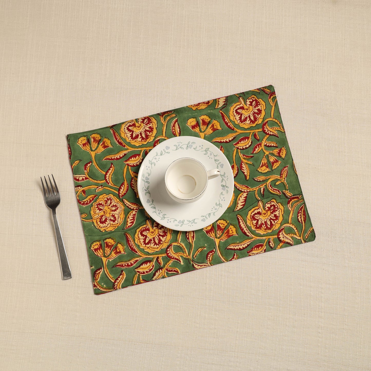 Green - Floral Print Cotton Reversible Table Mat 20