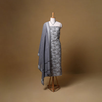 Floral Sanganeri Block Print Cotton Unstitched Dress Material: Kurta, Bottom & Dupatta with Jewellery 10