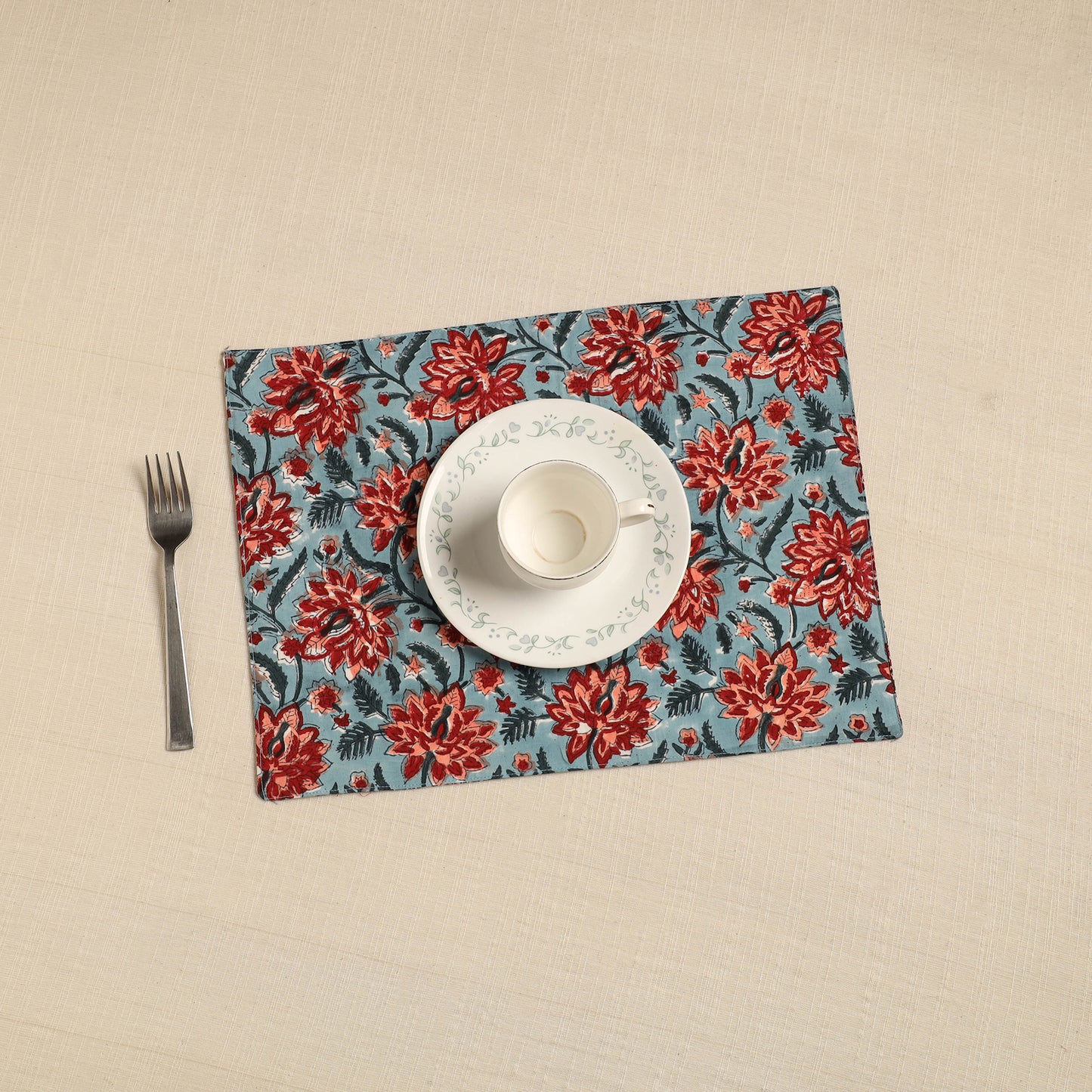 Green - Floral Print Cotton Reversible Table Mat 13