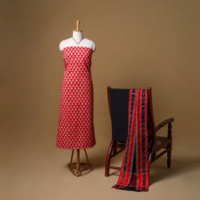 Floral Sanganeri Block Print Cotton Unstitched Dress Material: Kurta, Bottom & Dupatta with Jewellery 11