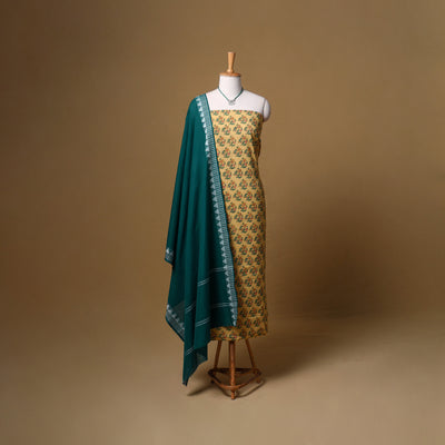 Floral Sanganeri Block Print Cotton Unstitched Dress Material: Kurta, Bottom & Dupatta with Jewellery 12