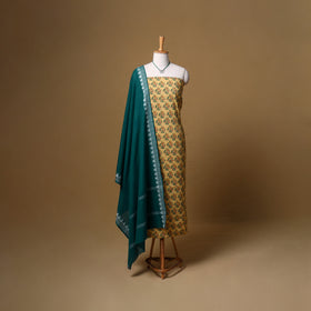 Floral Sanganeri Block Print Cotton Unstitched Dress Material: Kurta, Bottom & Dupatta with Jewellery 12