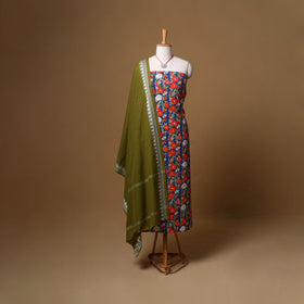 Floral Sanganeri Block Print Cotton Unstitched Dress Material: Kurta, Bottom & Dupatta with Jewellery 13