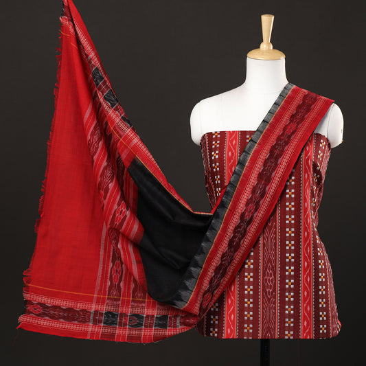 Red - 3pc Sambalpuri Ikat Handloom Cotton Suit Material Set