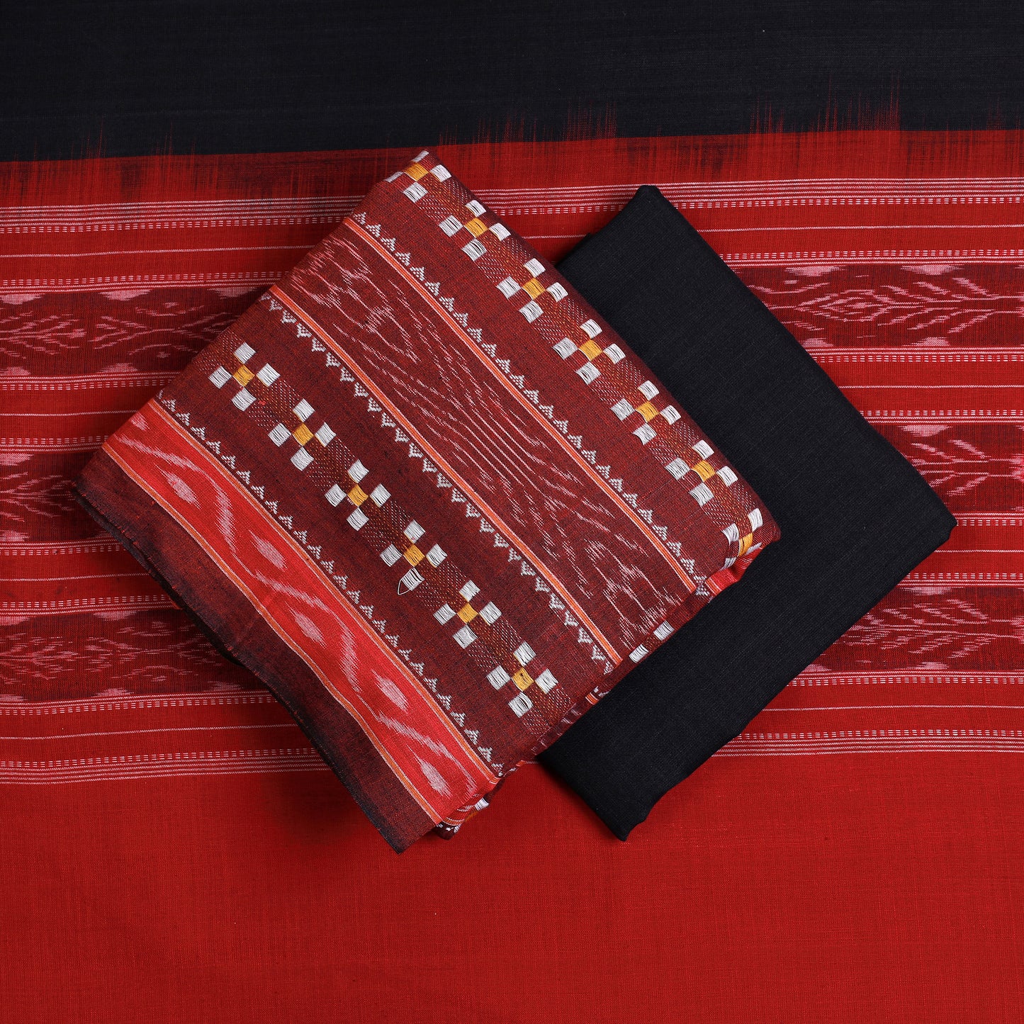 Red - 3pc Sambalpuri Ikat Handloom Cotton Suit Material Set