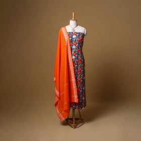 Floral Sanganeri Block Print Cotton Unstitched Dress Material: Kurta, Bottom & Dupatta with Jewellery 15