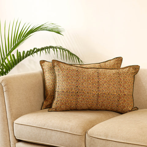 Brown Set of 2 Kalamkari Block Print Cotton Pillow Covers