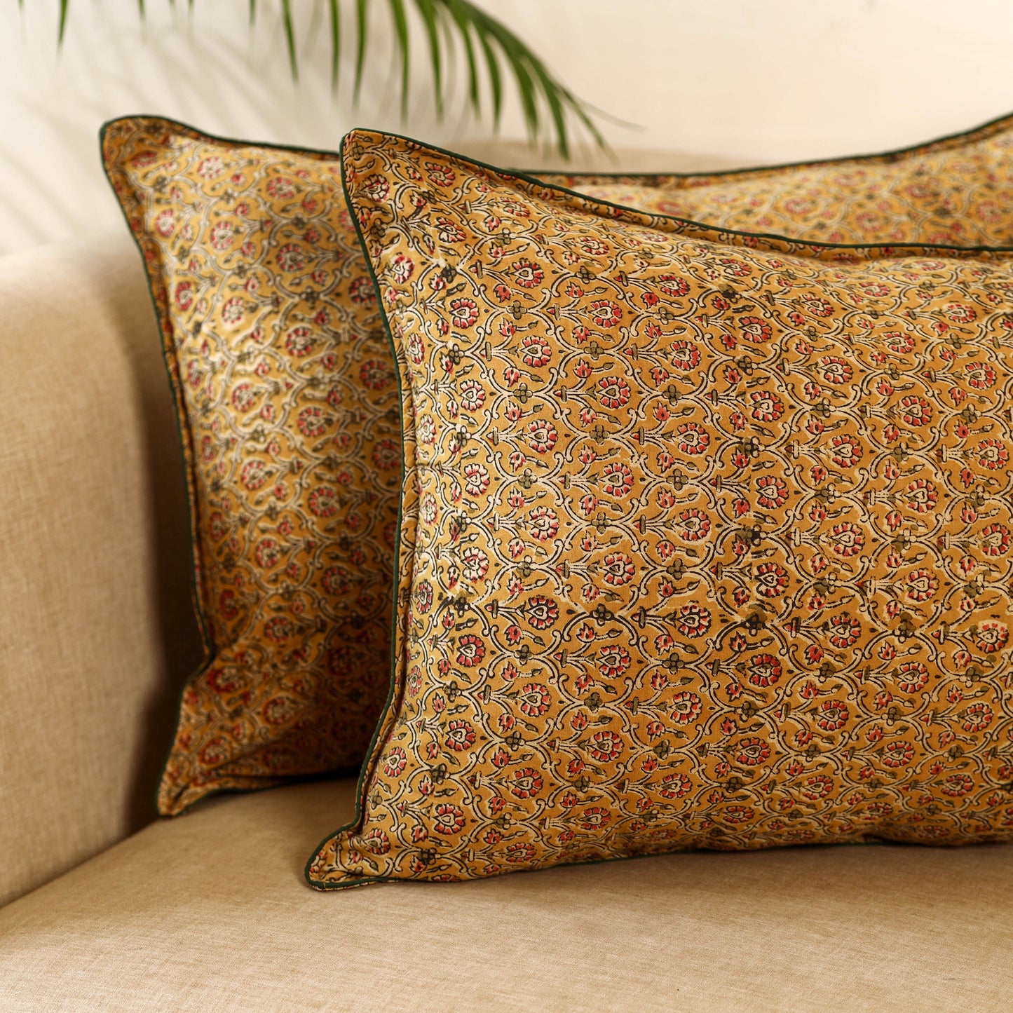 Brown Set of 2 Kalamkari Block Print Cotton Pillow Covers