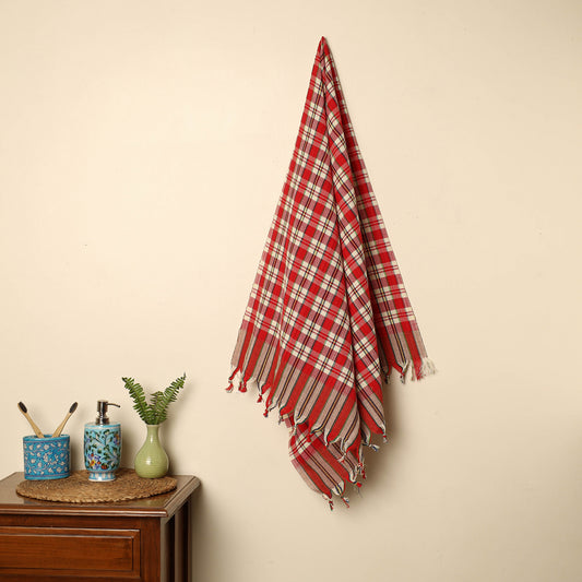 Red - Handloom Fine Cotton Checks Bath Towel 140