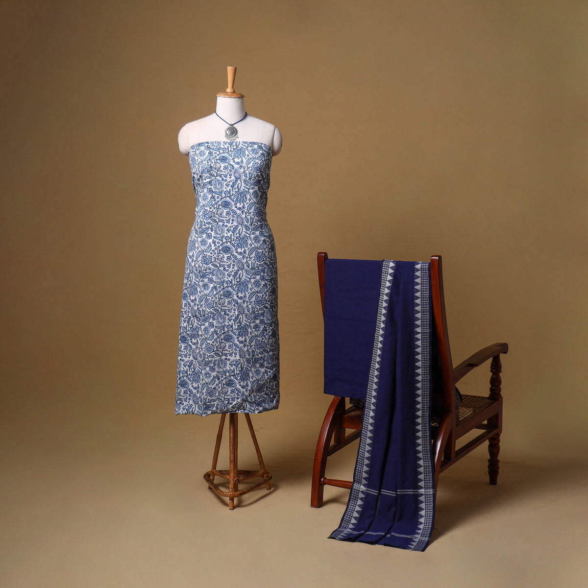 Floral Sanganeri Block Print Cotton Unstitched Dress Material: Kurta, Bottom & Dupatta with Jewellery 16