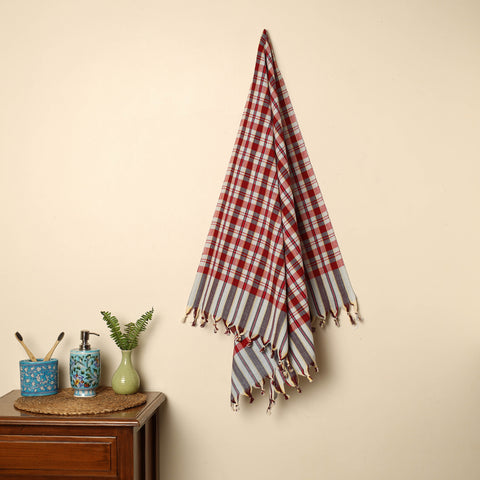 Red - Handloom Fine Cotton Checks Bath Towel 142