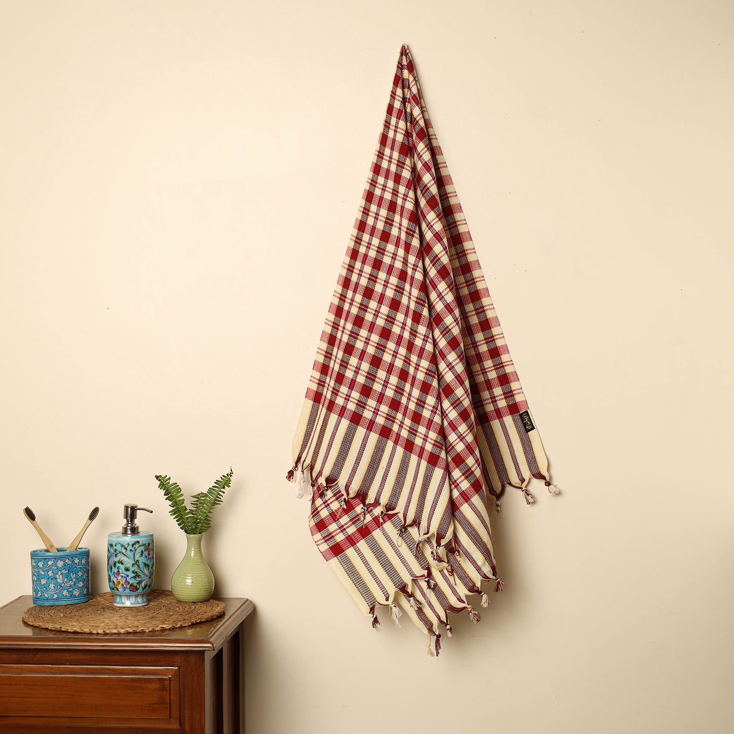 Red - Handloom Fine Cotton Checks Bath Towel 144