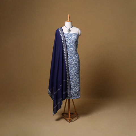 Floral Sanganeri Block Print Cotton Unstitched Dress Material: Kurta, Bottom & Dupatta with Jewellery 16