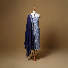 Floral Sanganeri Block Print Cotton Unstitched Dress Material: Kurta, Bottom & Dupatta with Jewellery 16