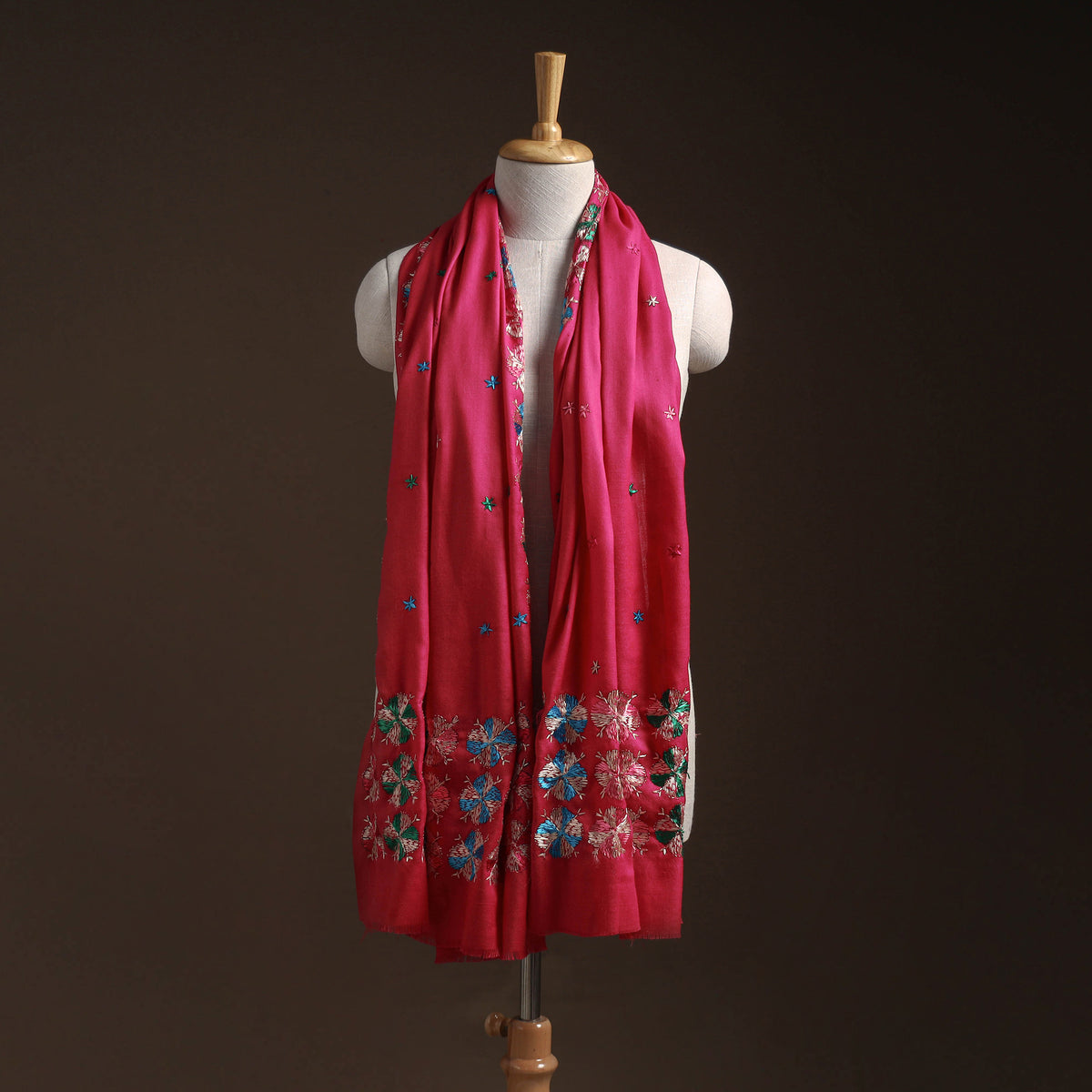 Pink - phulkari hand embroidered wool shawl 03 - handcrafted