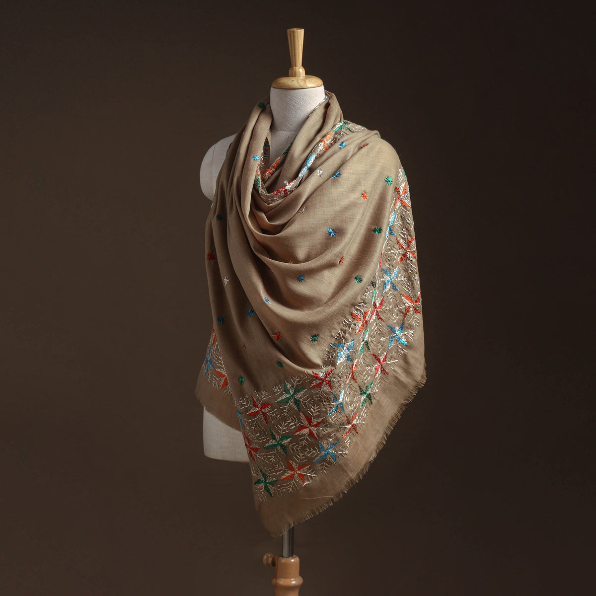 Brown - phulkari hand embroidered wool shawl 01